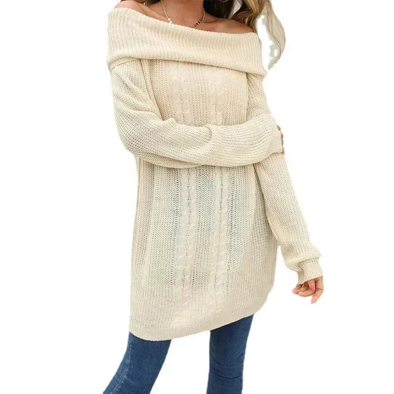 Lapel Loose Off shoulder Winter Knitted Tunic top