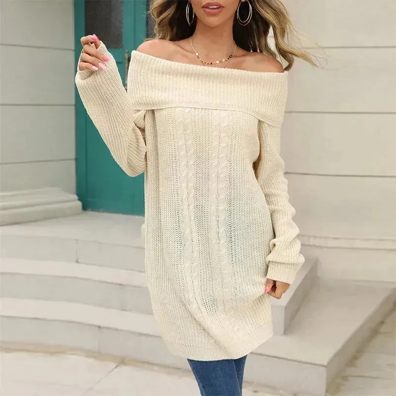 Lapel Loose Off shoulder Winter Knitted Tunic top