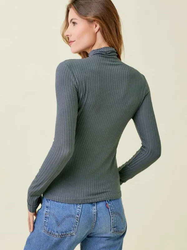 Lara Ribbed Mock Neck Top - Charcoal