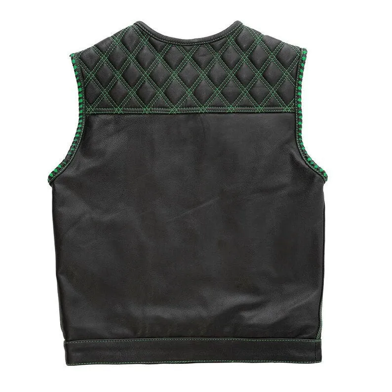 Leather Vest ,Mens  Green Diamond Quilted Black Paisley Leather Build Denim Style Rider Motorcycle Leather Vest,Mens Vest