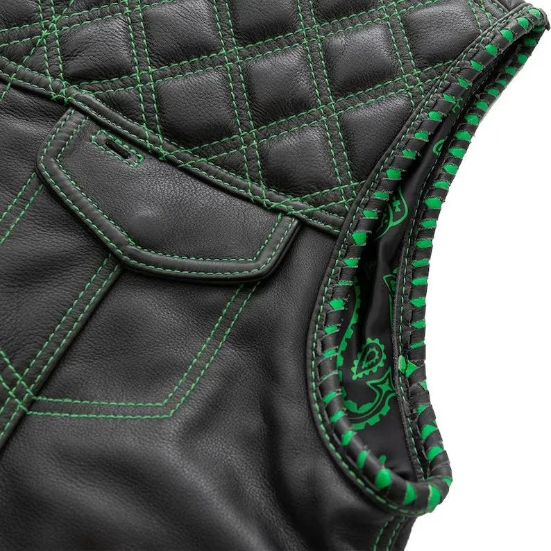 Leather Vest ,Mens  Green Diamond Quilted Black Paisley Leather Build Denim Style Rider Motorcycle Leather Vest,Mens Vest