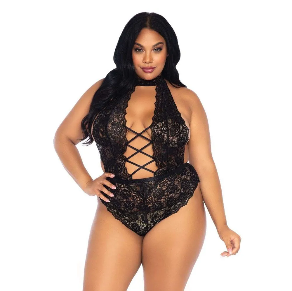 Leg Avenue Floral Lace Crotchless Teddy Black Plus Size 14 To 18