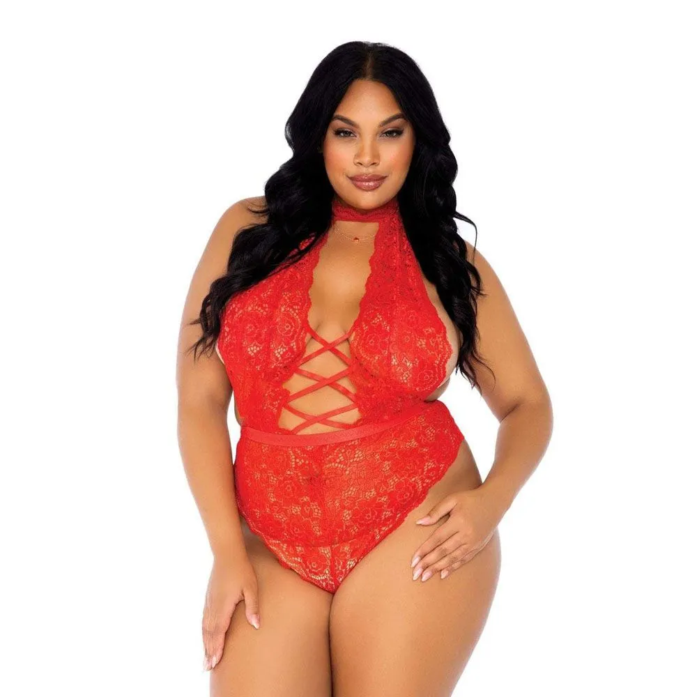 Leg Avenue Floral Lace Crotchless Teddy Red Plus Size 14 To 18