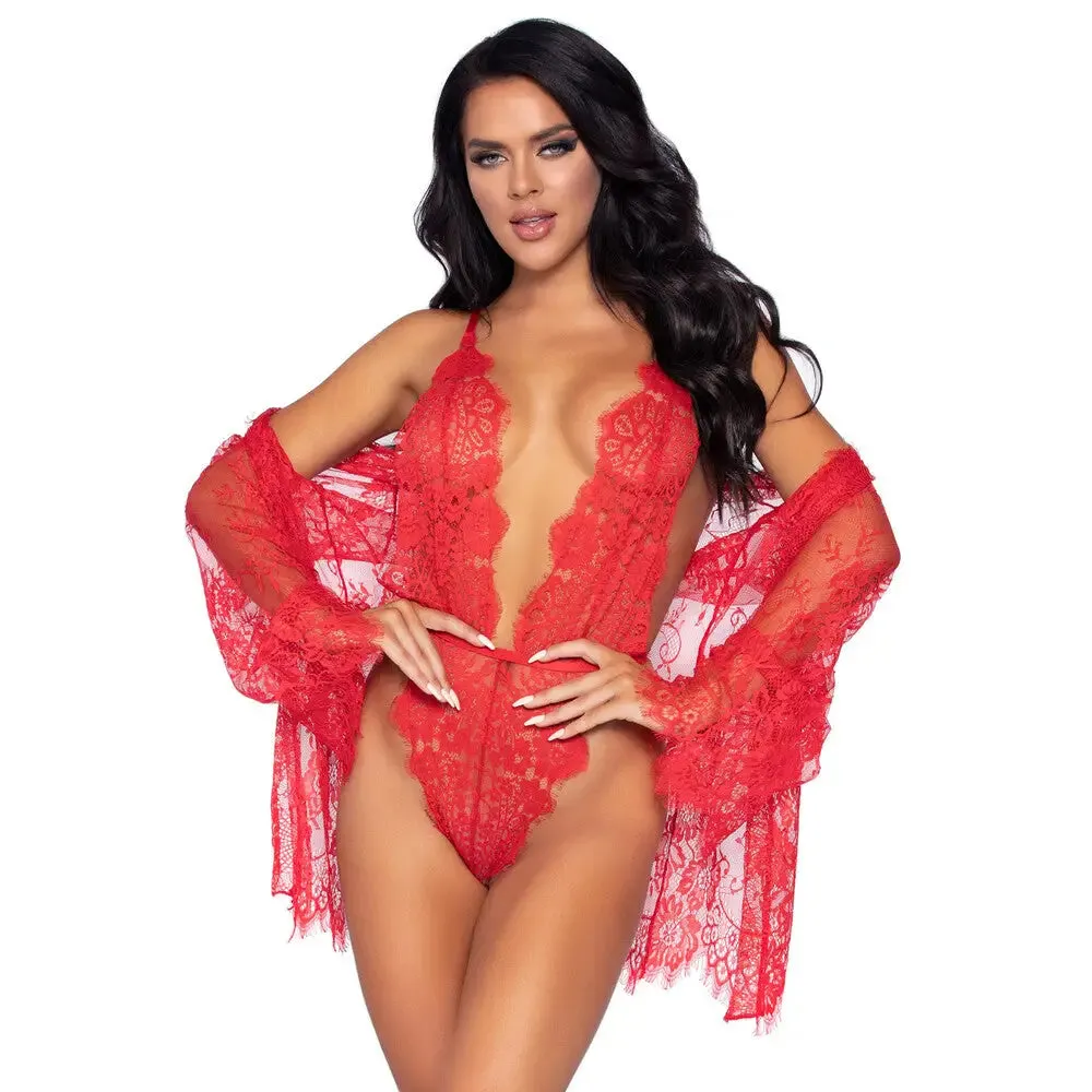 Leg Avenue Sexy Wet Look Floral Lace Teddy and Robe