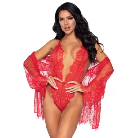 Leg Avenue Sexy Wet Look Floral Lace Teddy and Robe