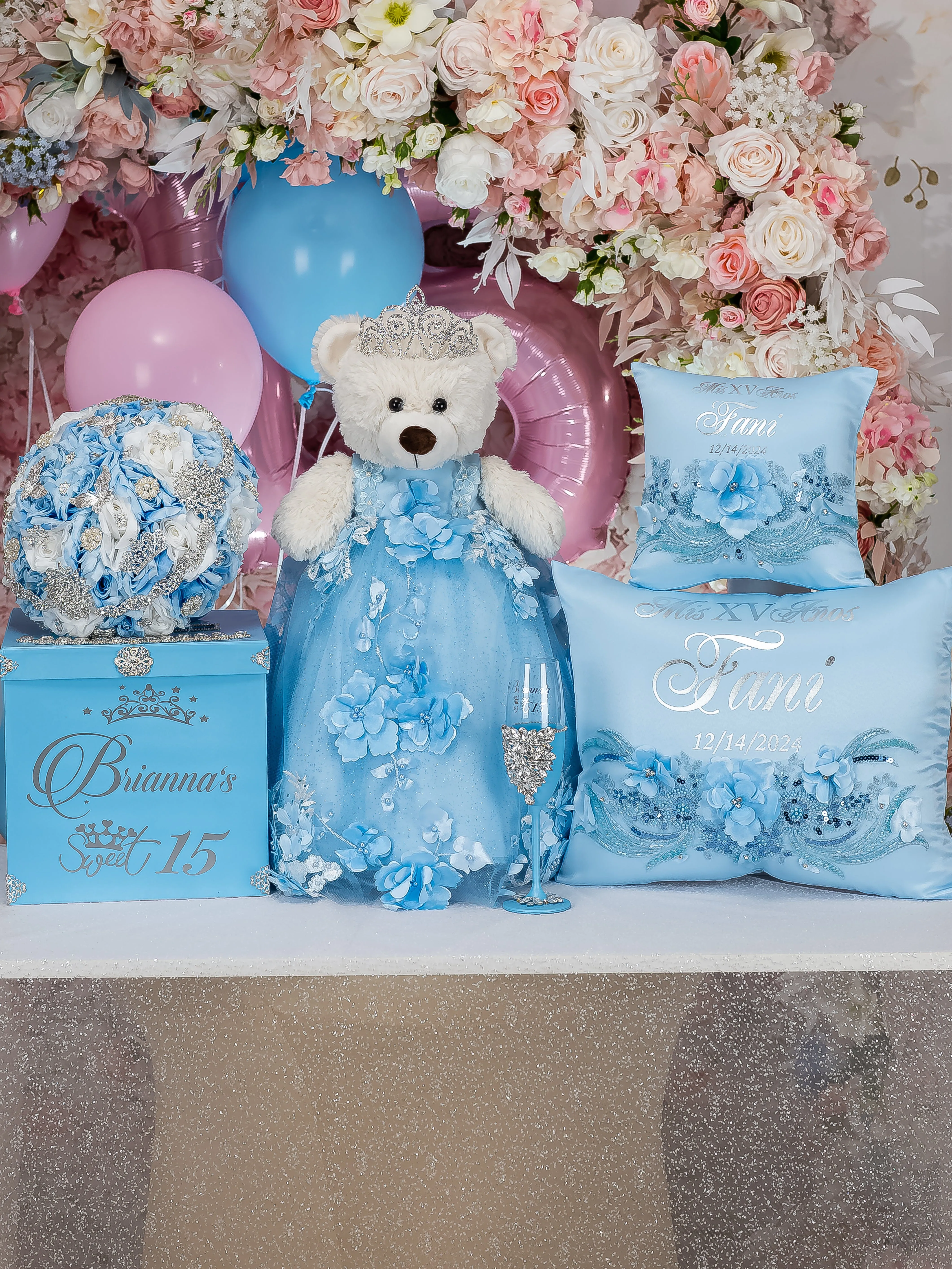 Light blue quinceanera paquetes of Money Card Box, Glass, Teddy Bear, pillows set and bouquet 9 inches