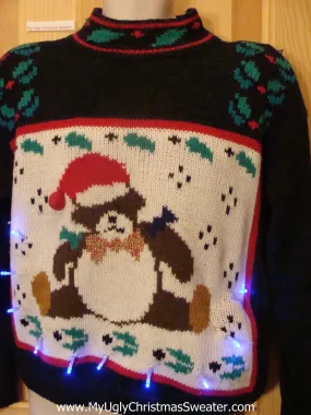 Light Up Ugly Xmas Sweater Santa Bear 80s Pullover