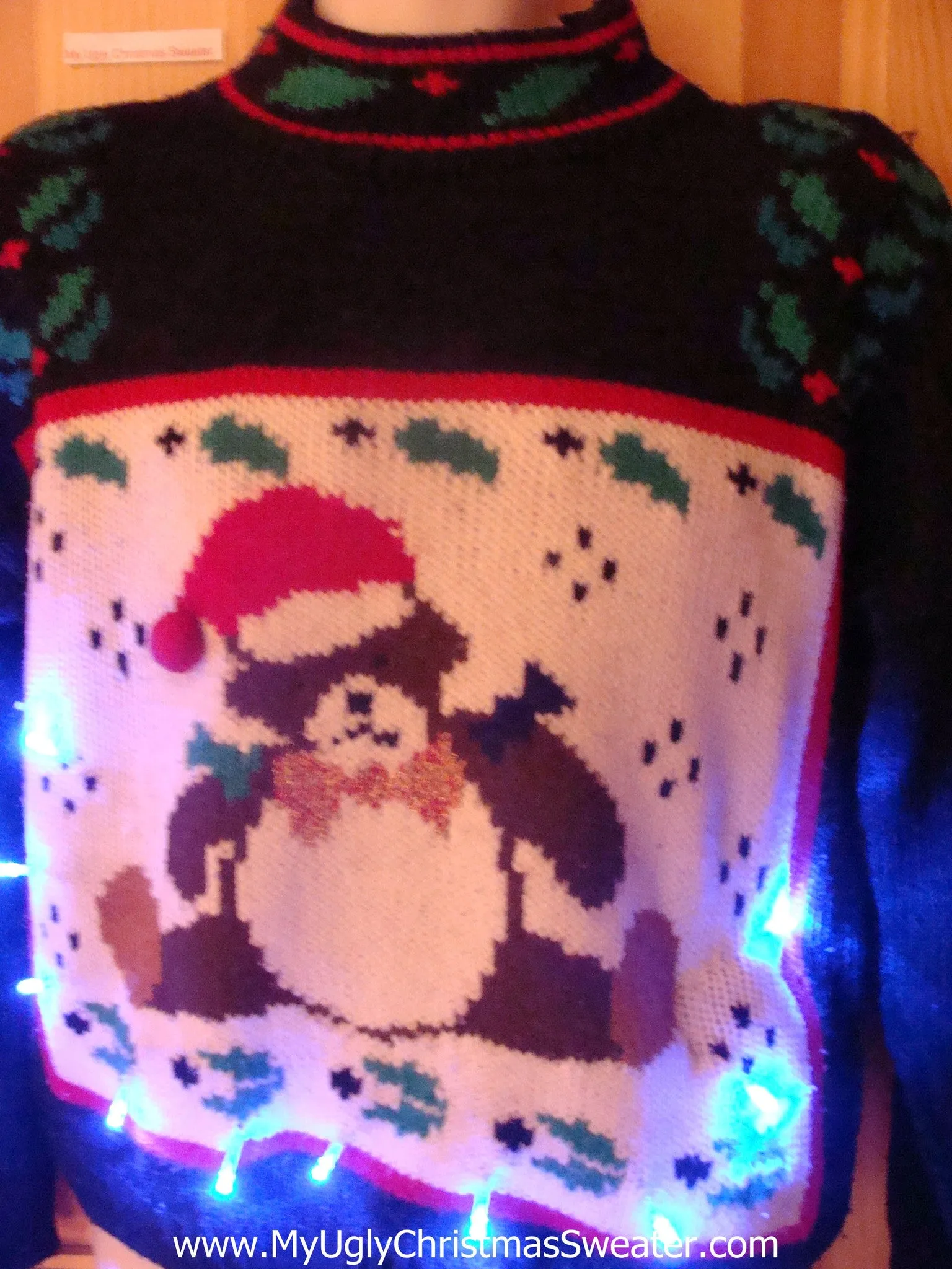 Light Up Ugly Xmas Sweater Santa Bear 80s Pullover