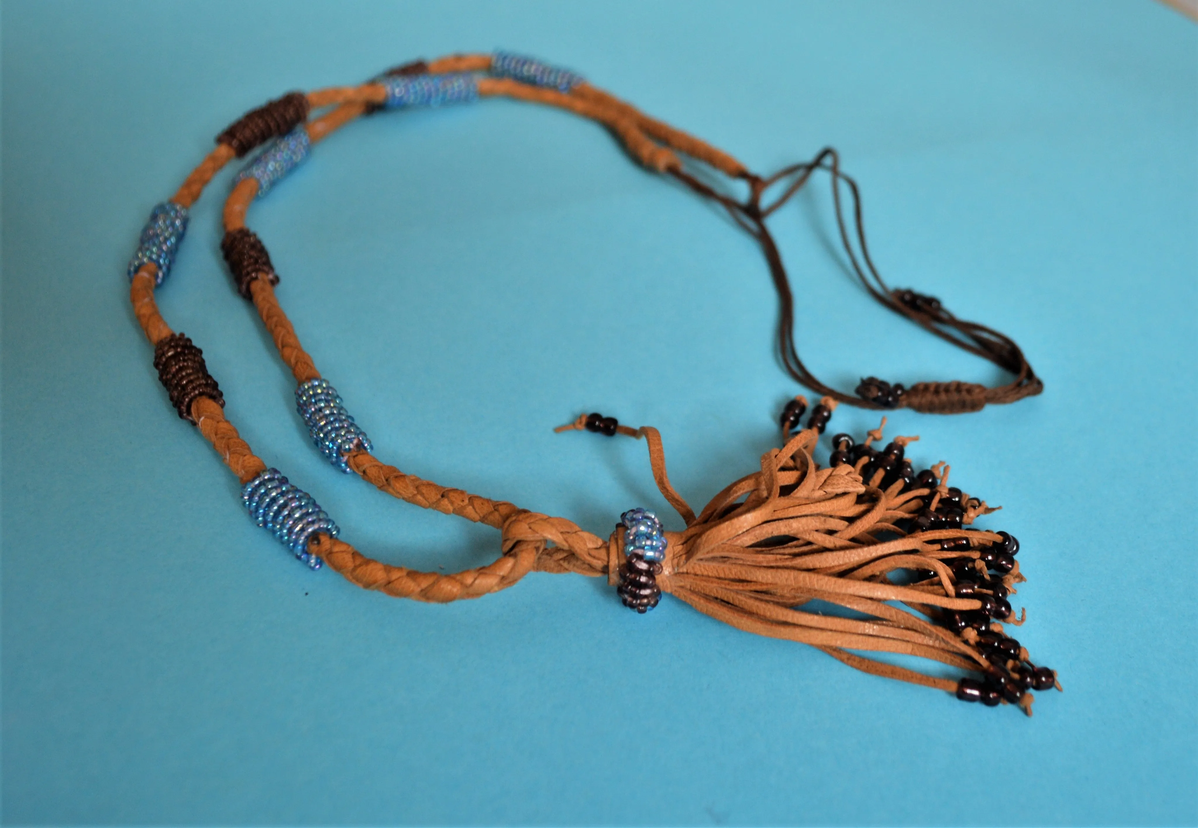 Long bohemian necklace, Leather tribal necklace, African tassel necklace, with blue beads