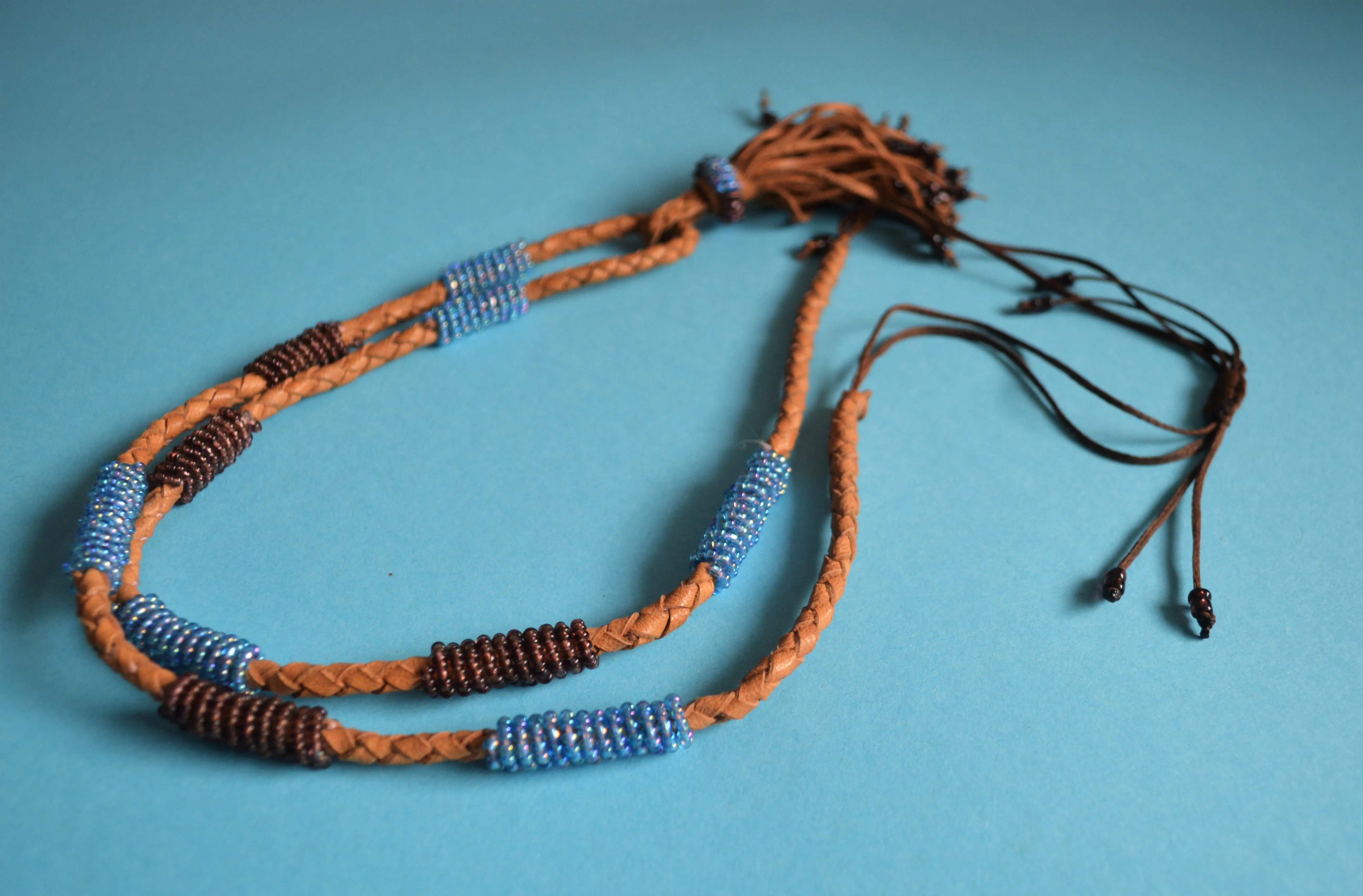 Long bohemian necklace, Leather tribal necklace, African tassel necklace, with blue beads