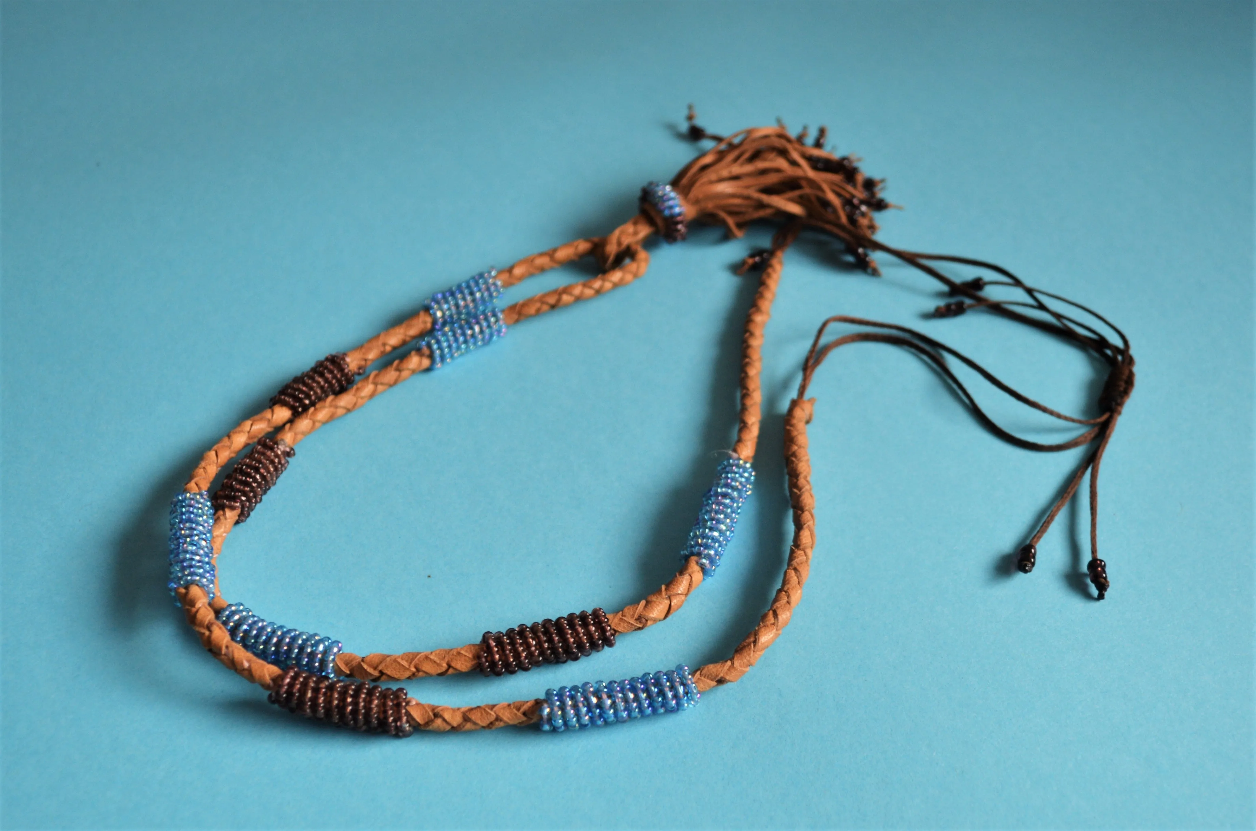 Long bohemian necklace, Leather tribal necklace, African tassel necklace, with blue beads