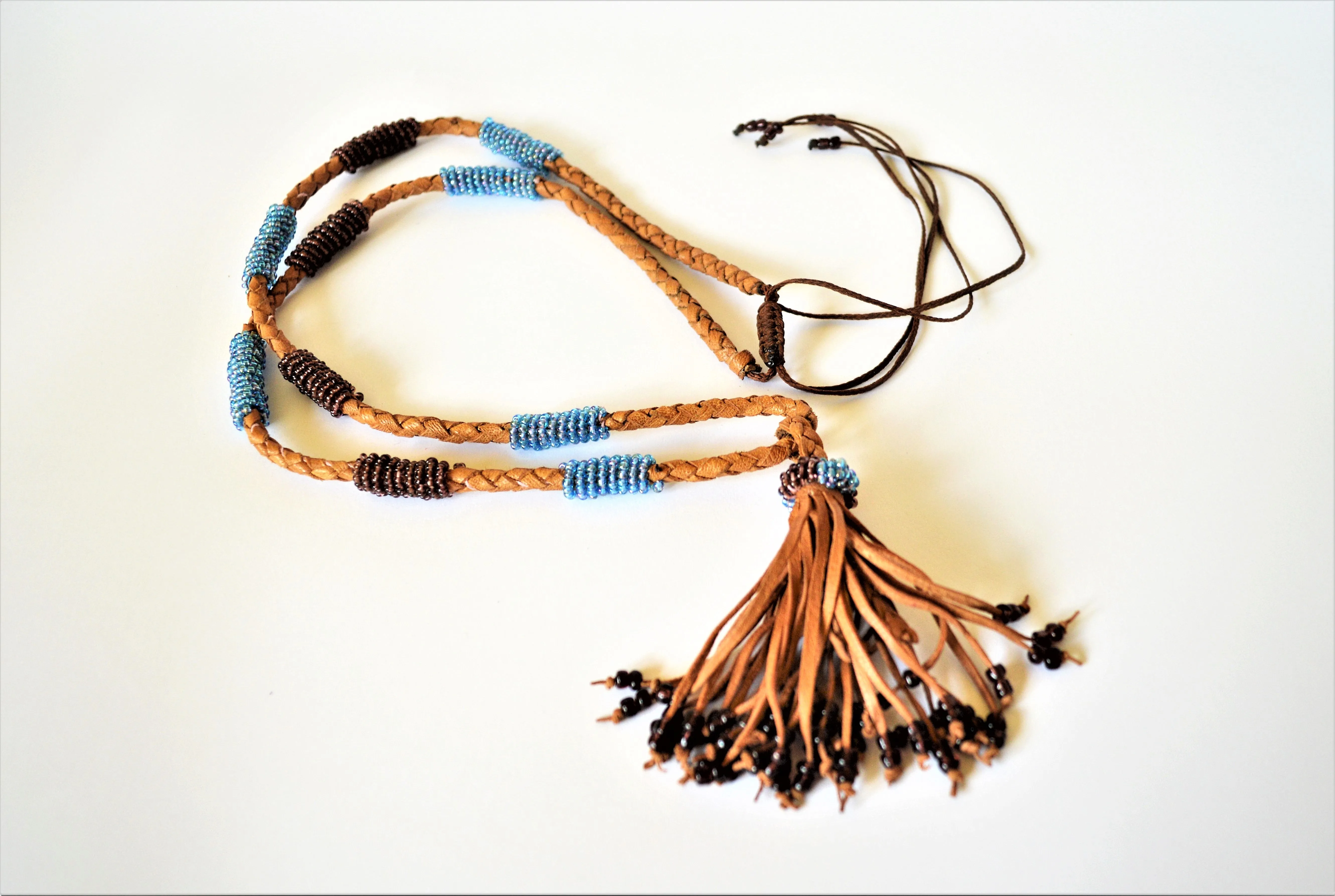 Long bohemian necklace, Leather tribal necklace, African tassel necklace, with blue beads