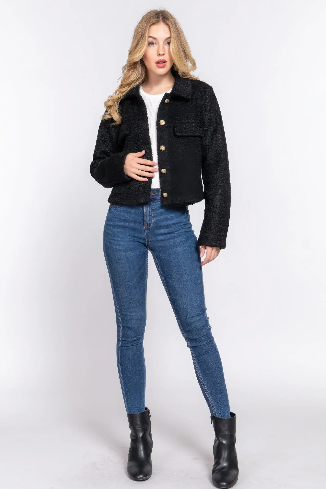 Long Slv Teddy Fleece Short Jacket