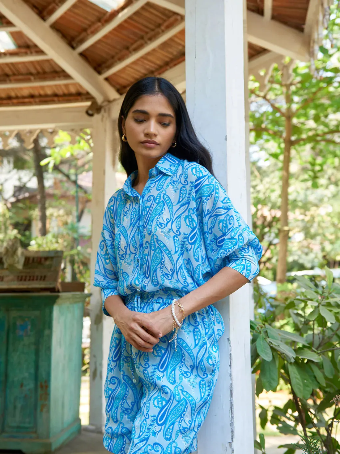 Loose fit Blue Printed Women's Work Shirt