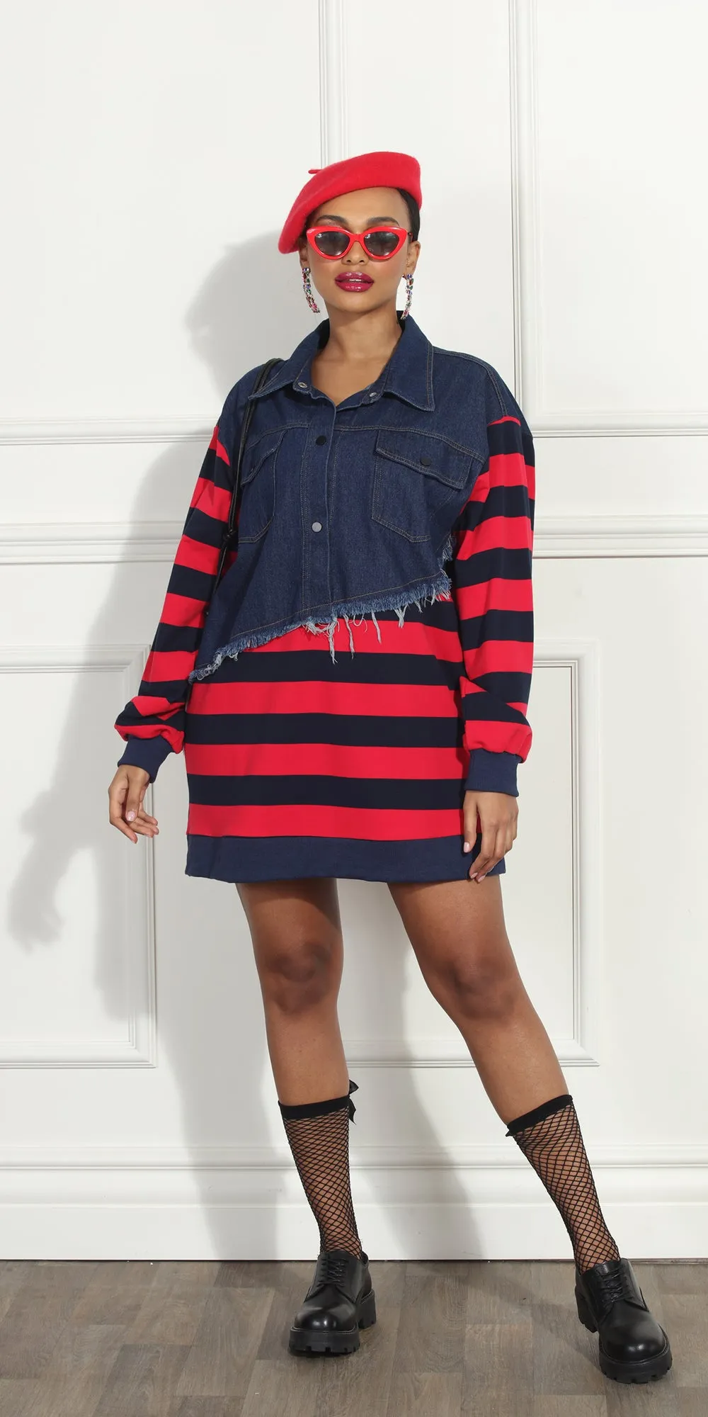 Luxe Moda LM317 - Navy Red - Denim and Stripe Long sleeve Tunic