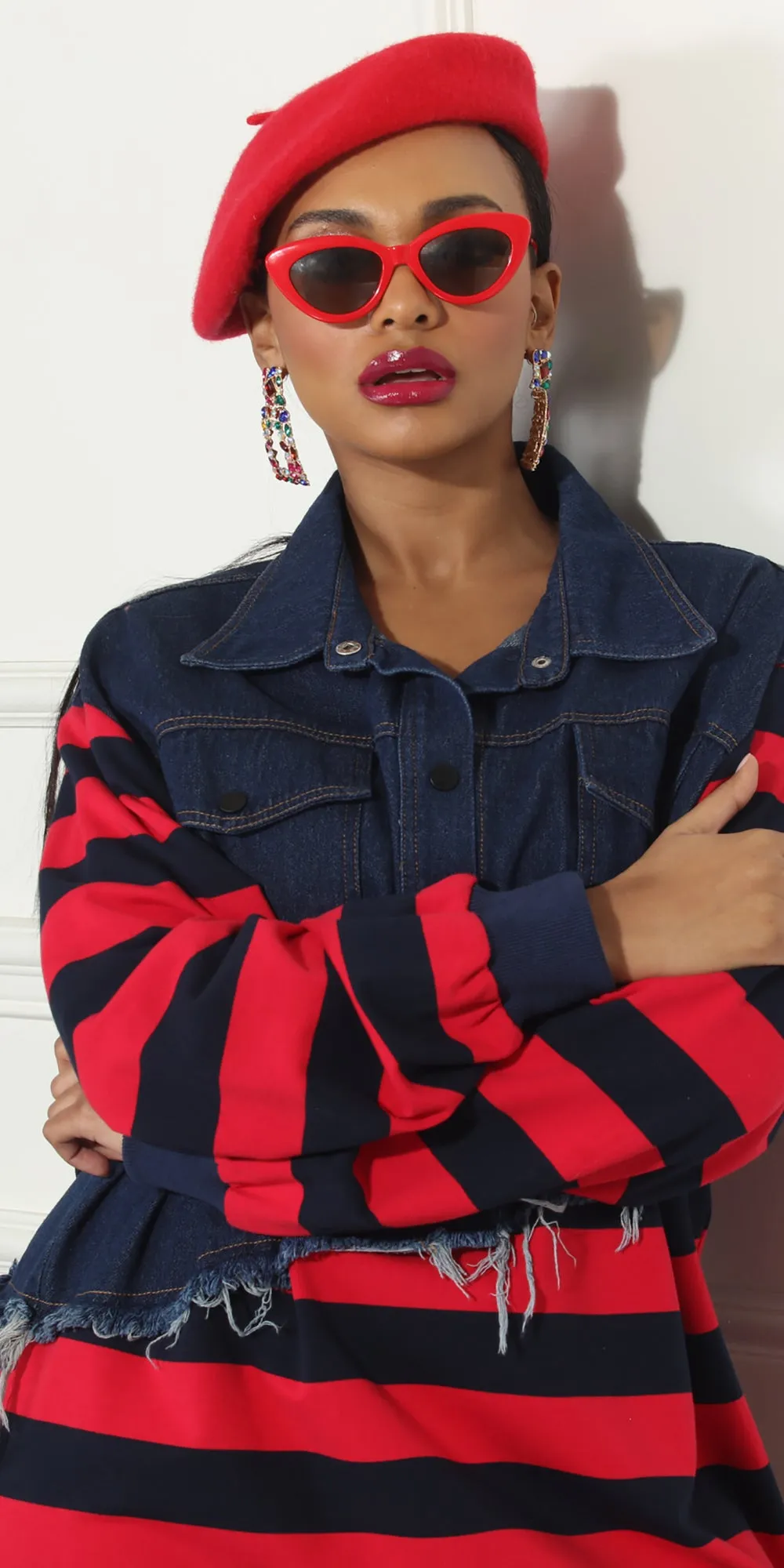 Luxe Moda LM317 - Navy Red - Denim and Stripe Long sleeve Tunic