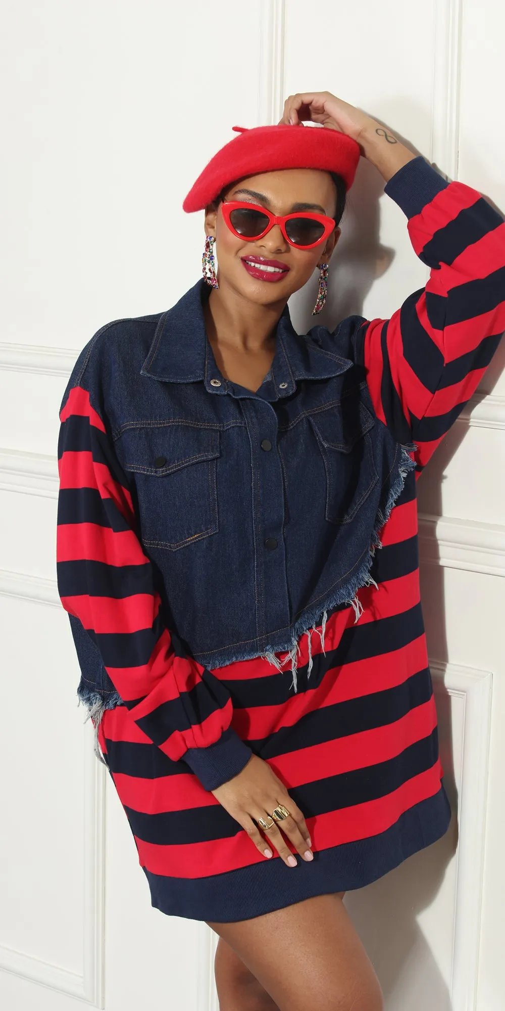 Luxe Moda LM317 - Navy Red - Denim and Stripe Long sleeve Tunic