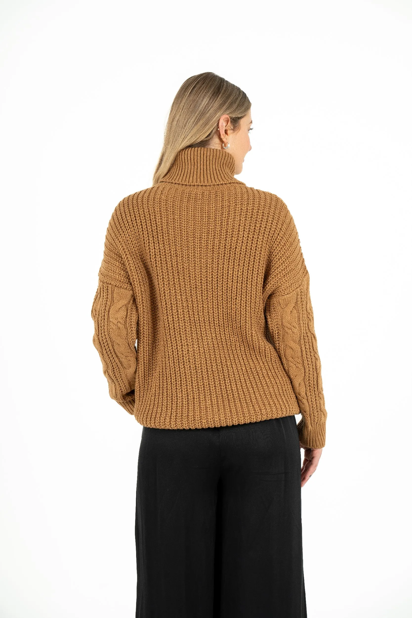 M Made in Italy – Cable-Knit Tunic Length Sweater With Turtle-Neck Collar