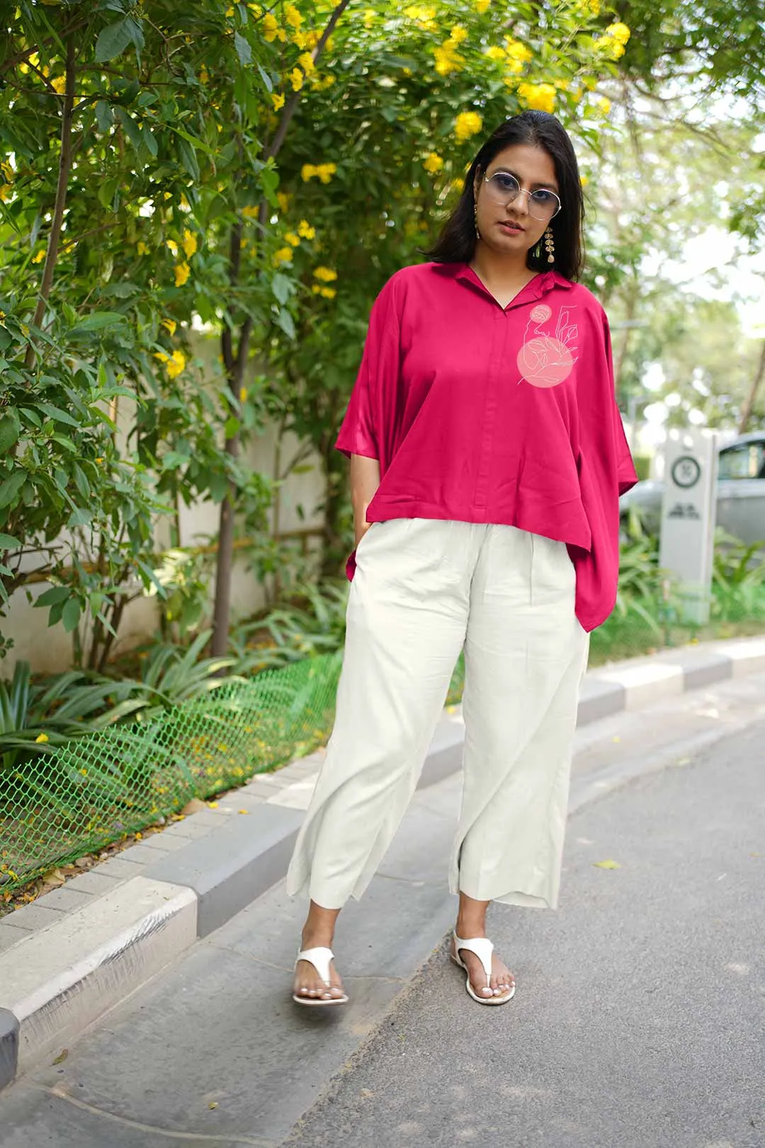 Magenta Rayon KaftanTop & MilkyWhite Palazzo - Linearta