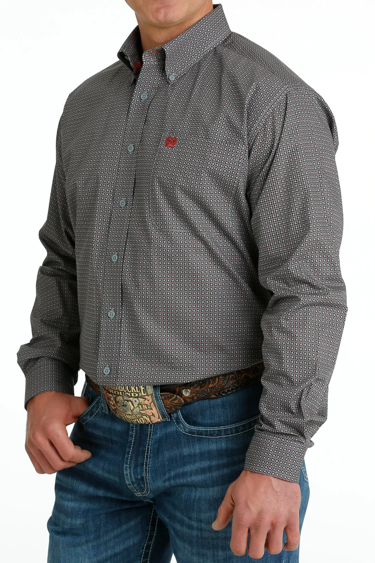 Men's Cinch Long Sleeve Grey Print Shirt - MTW1105650