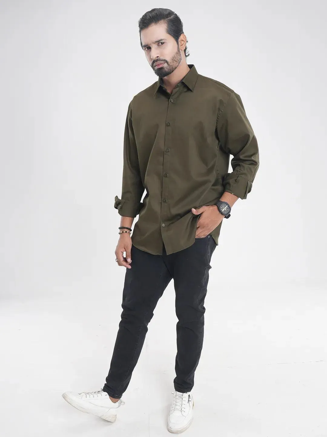 Men's Full Sleeve Casual Shirt in Solid Olive