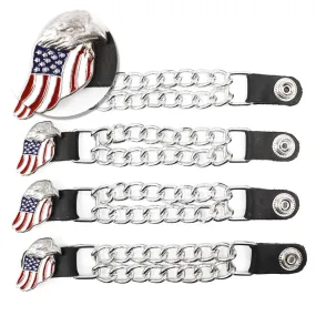 Milwaukee Leather Eagle Flag Medallion Vest Extender Double Chrome Chains Genuine Leather 6.5" Long 4-PC MLA6005SET