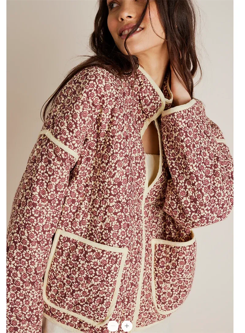 New Winter Autumn Print Quilted Open Stitich With Pocket Full Sleeve Fashion Women Coat Jacket