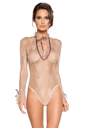 Nude Elegant Long Sleeve Lace Teddy