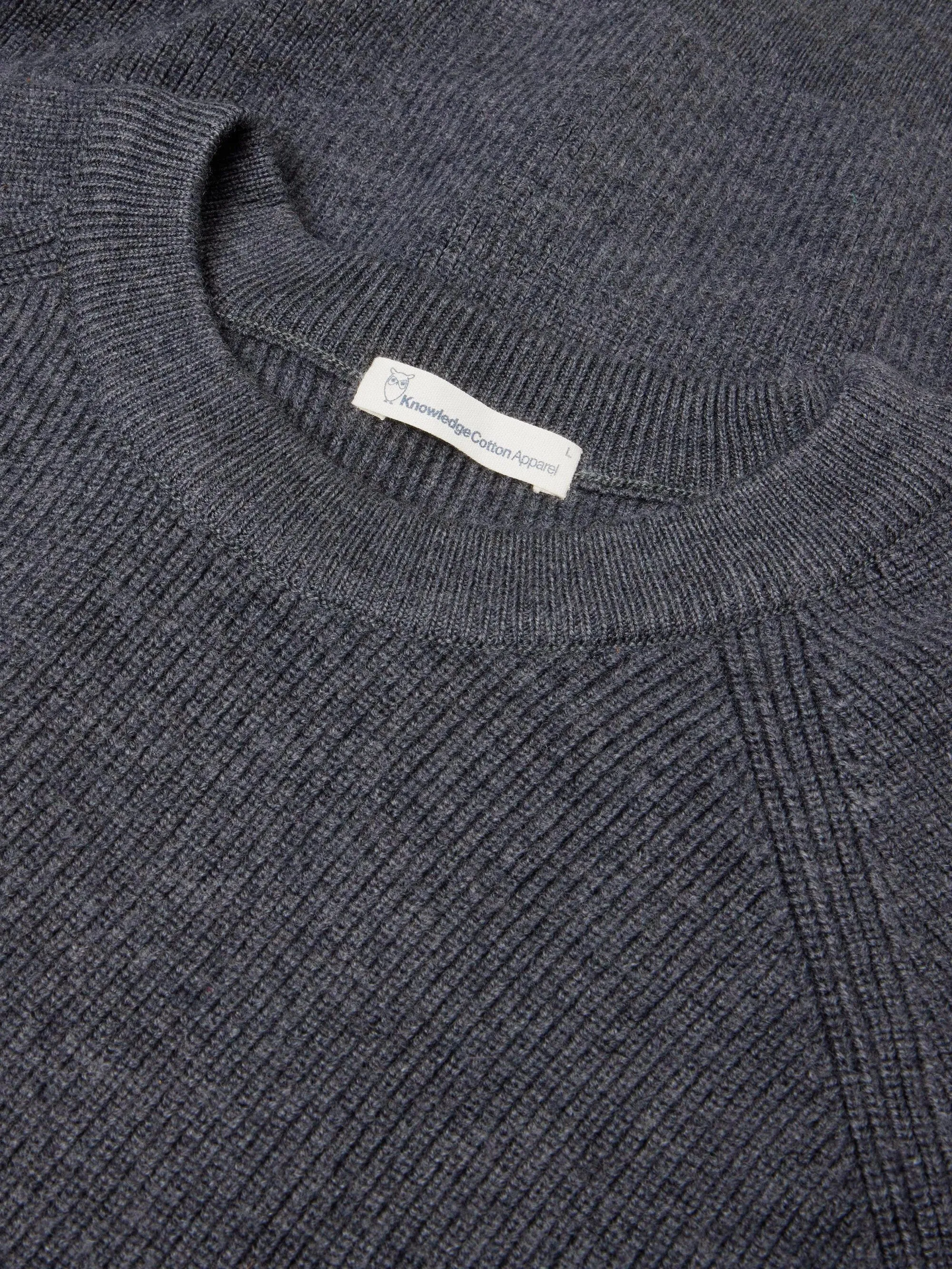 O-neck merino wool rib knit - Dark Grey Melange