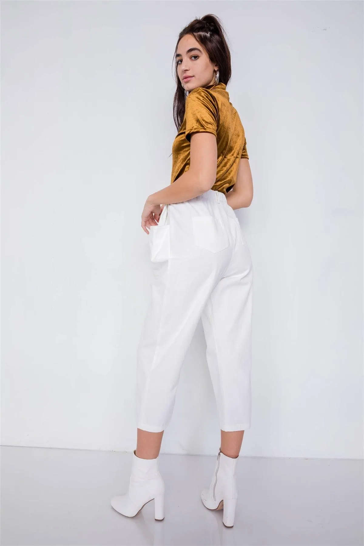 Off-White Chic Solid Ankle Wide Leg Adjustable Snap Waist Pants /3-2-1