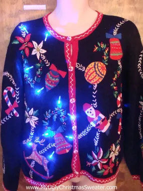 Ornament and Poinsettia Garland Ugly Xmas Sweater with Lights