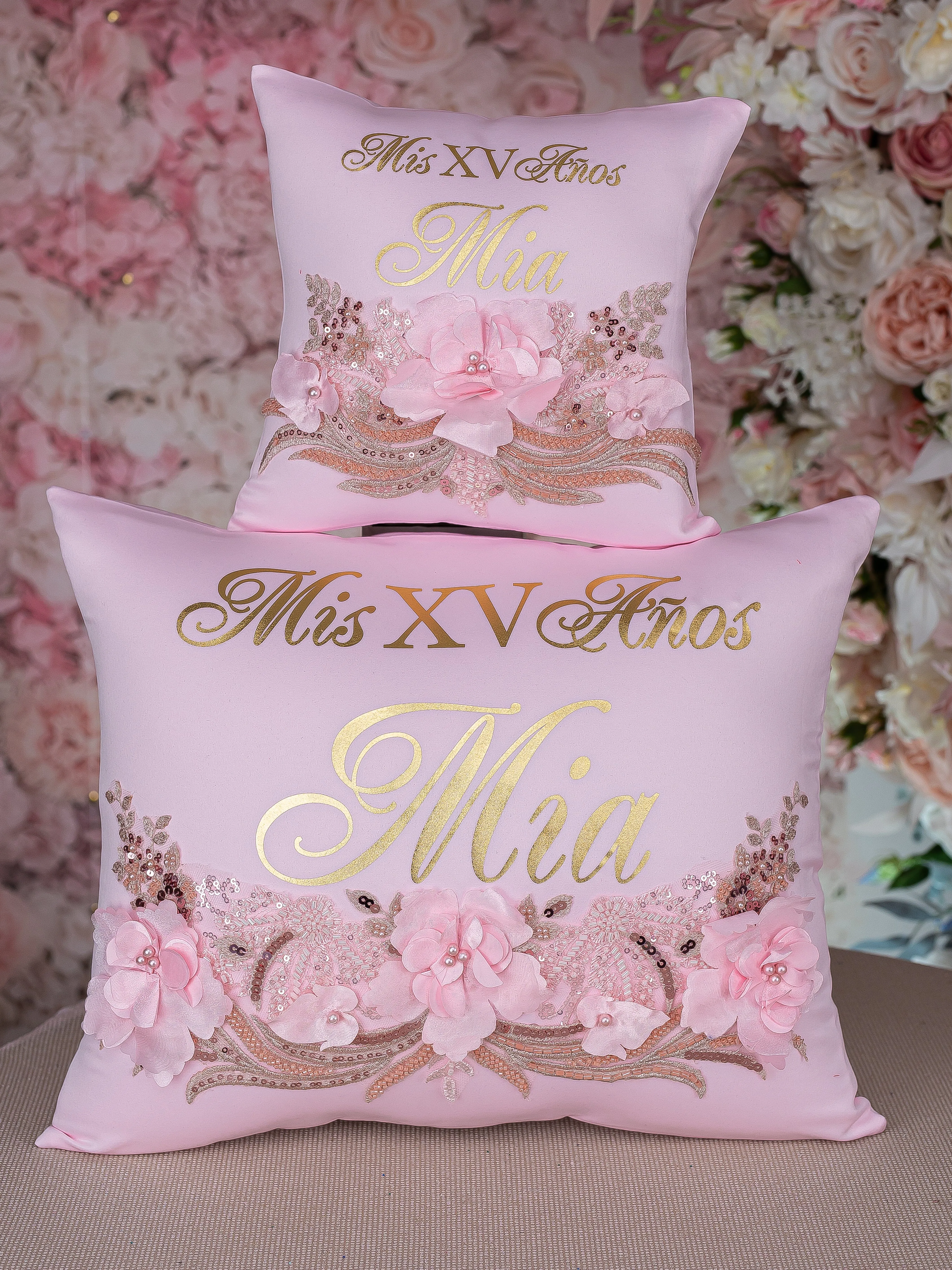 Pink with Gold and flowers Quinceanera pillows set and teddy bear