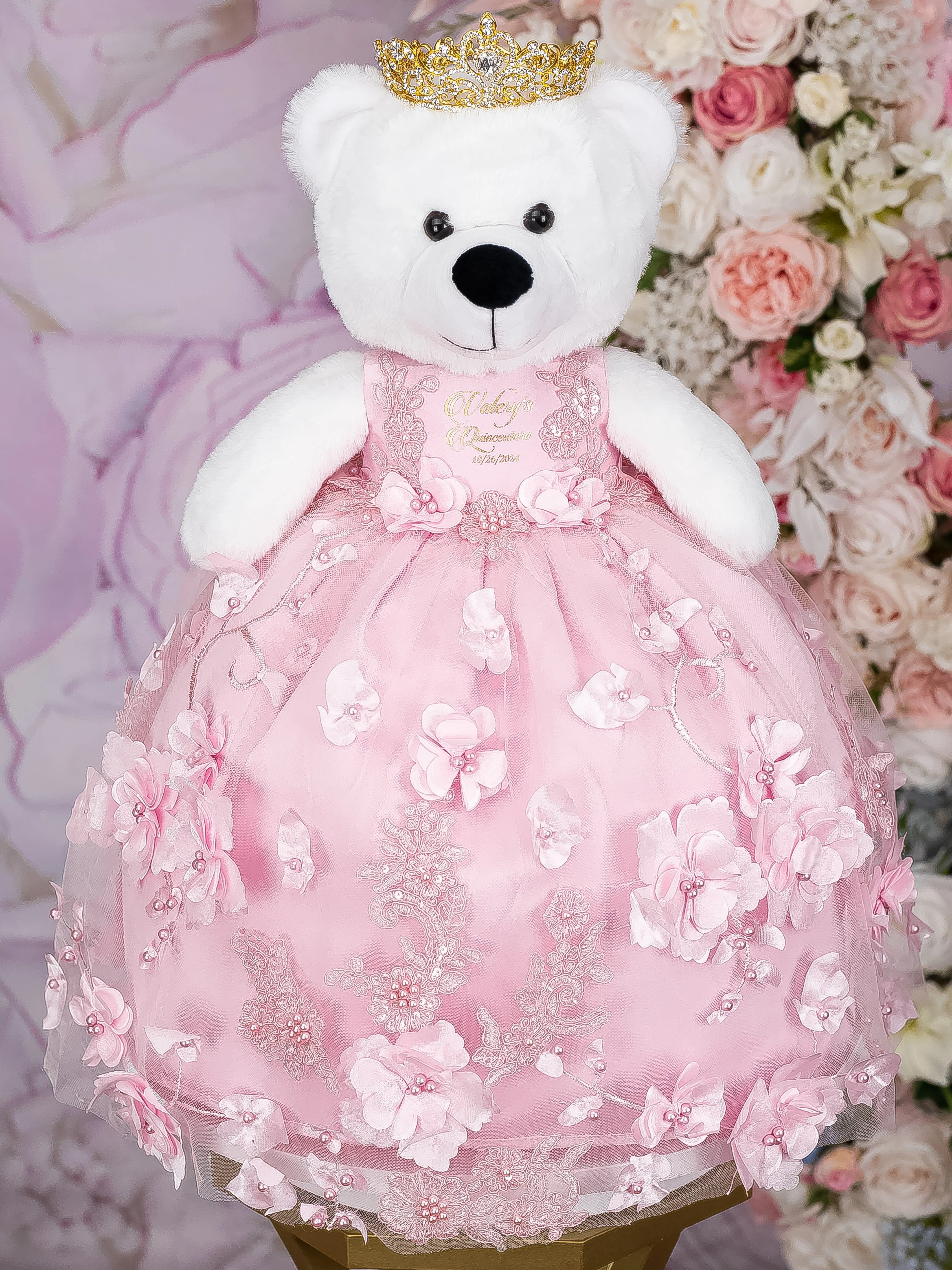 Pink with Gold and flowers Quinceanera pillows set and teddy bear