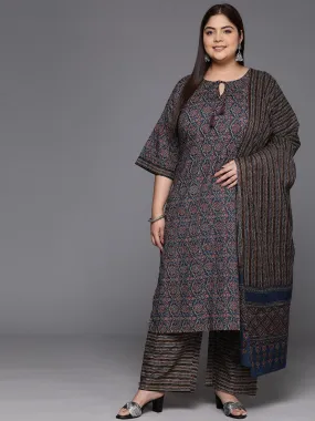 Plus Size Blue Printed Cotton Straight Suit With Dupatta