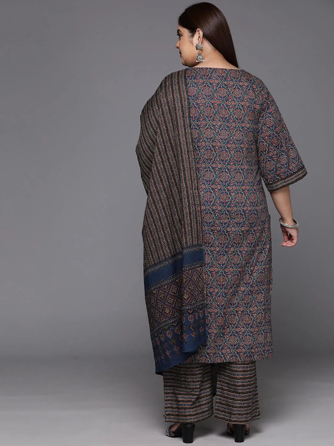 Plus Size Blue Printed Cotton Straight Suit With Dupatta