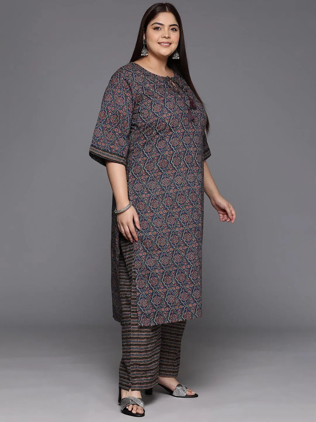 Plus Size Blue Printed Cotton Straight Suit With Dupatta