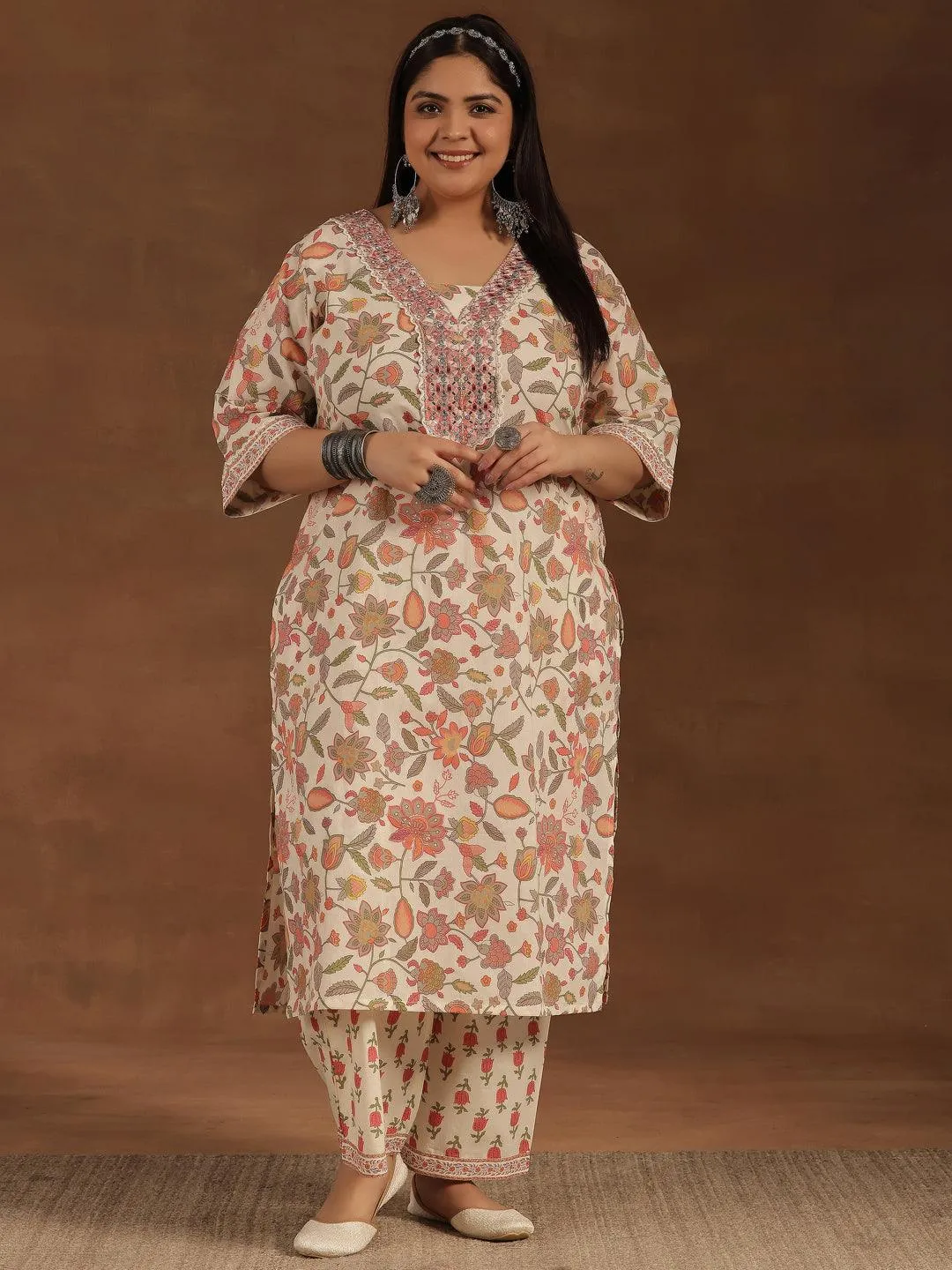 Plus Size Off White Printed Cotton Straight Kurta Set