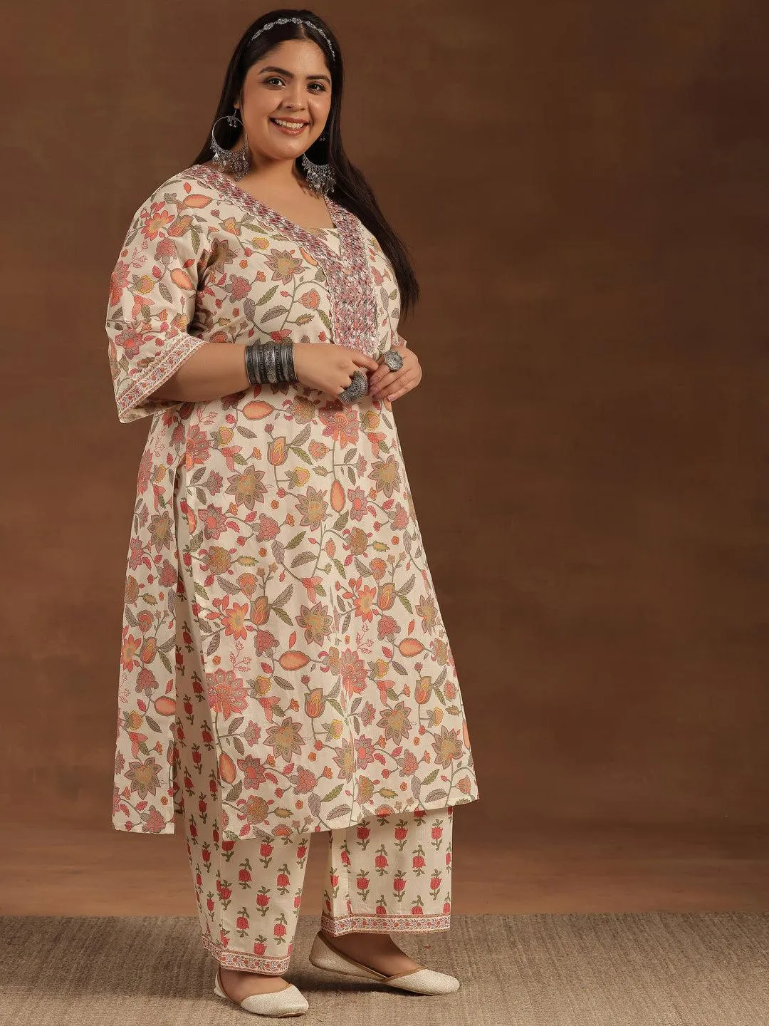 Plus Size Off White Printed Cotton Straight Kurta Set