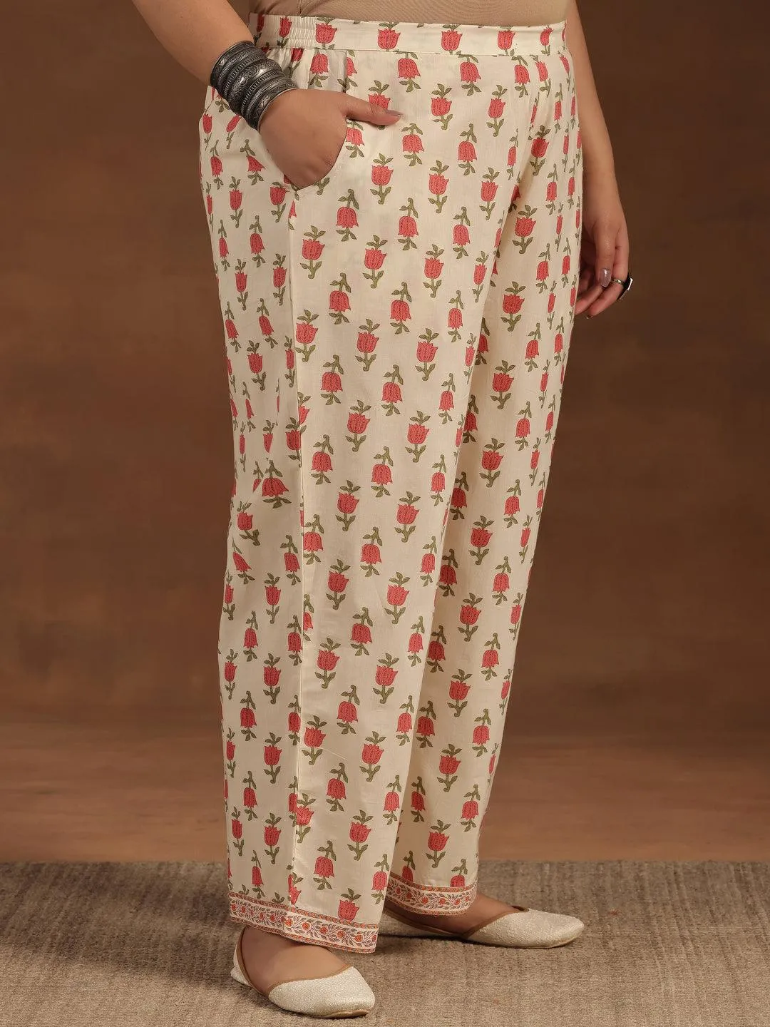 Plus Size Off White Printed Cotton Straight Kurta Set