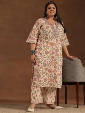 Plus Size Off White Printed Cotton Straight Kurta Set