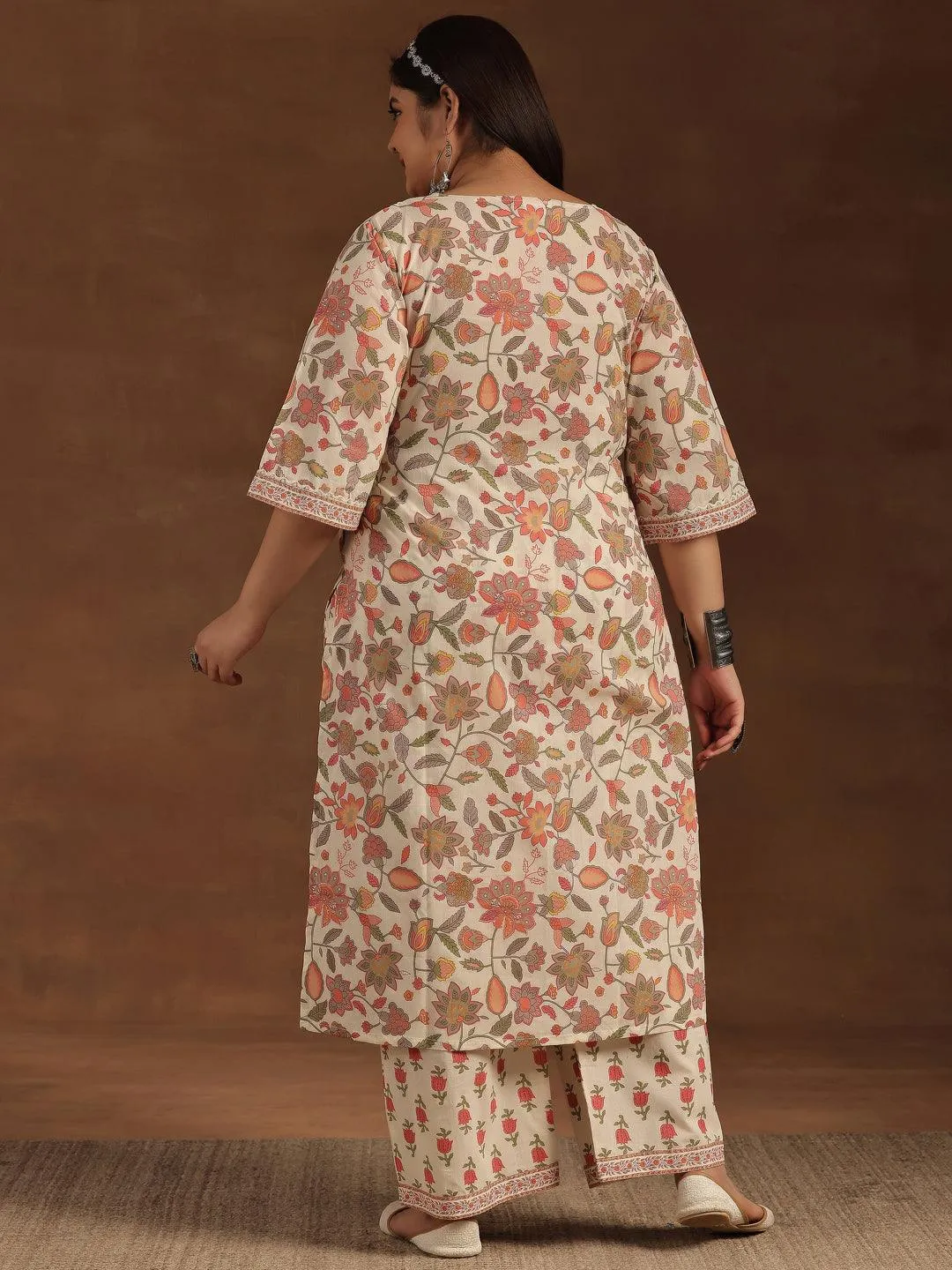 Plus Size Off White Printed Cotton Straight Kurta Set