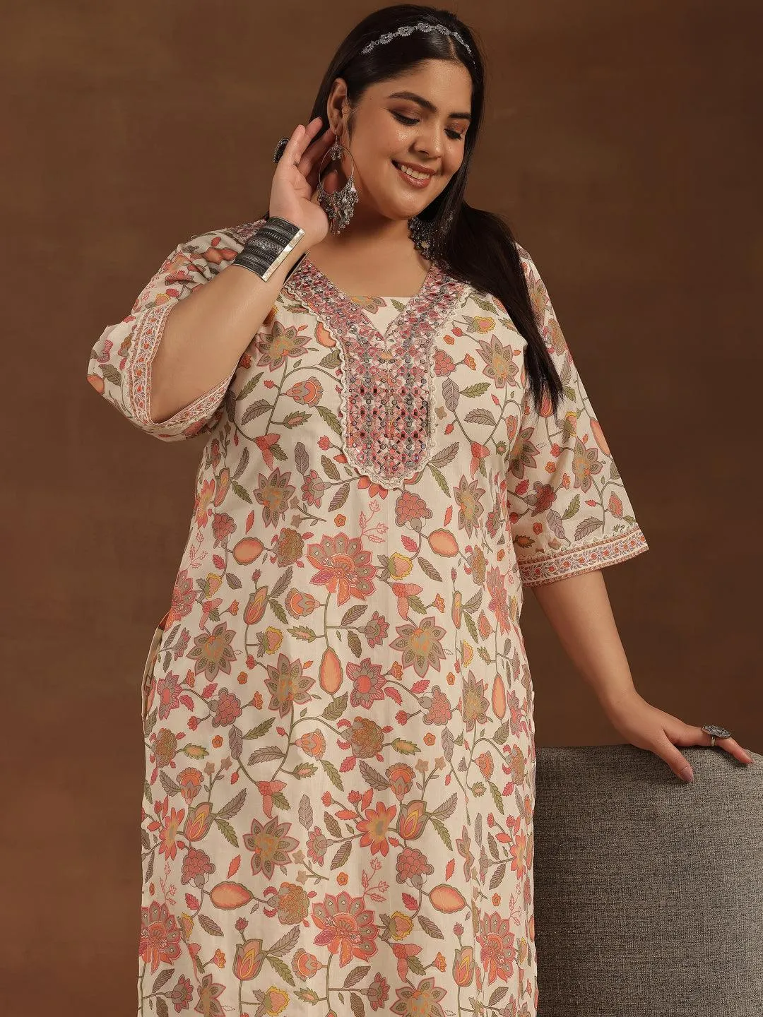 Plus Size Off White Printed Cotton Straight Kurta Set