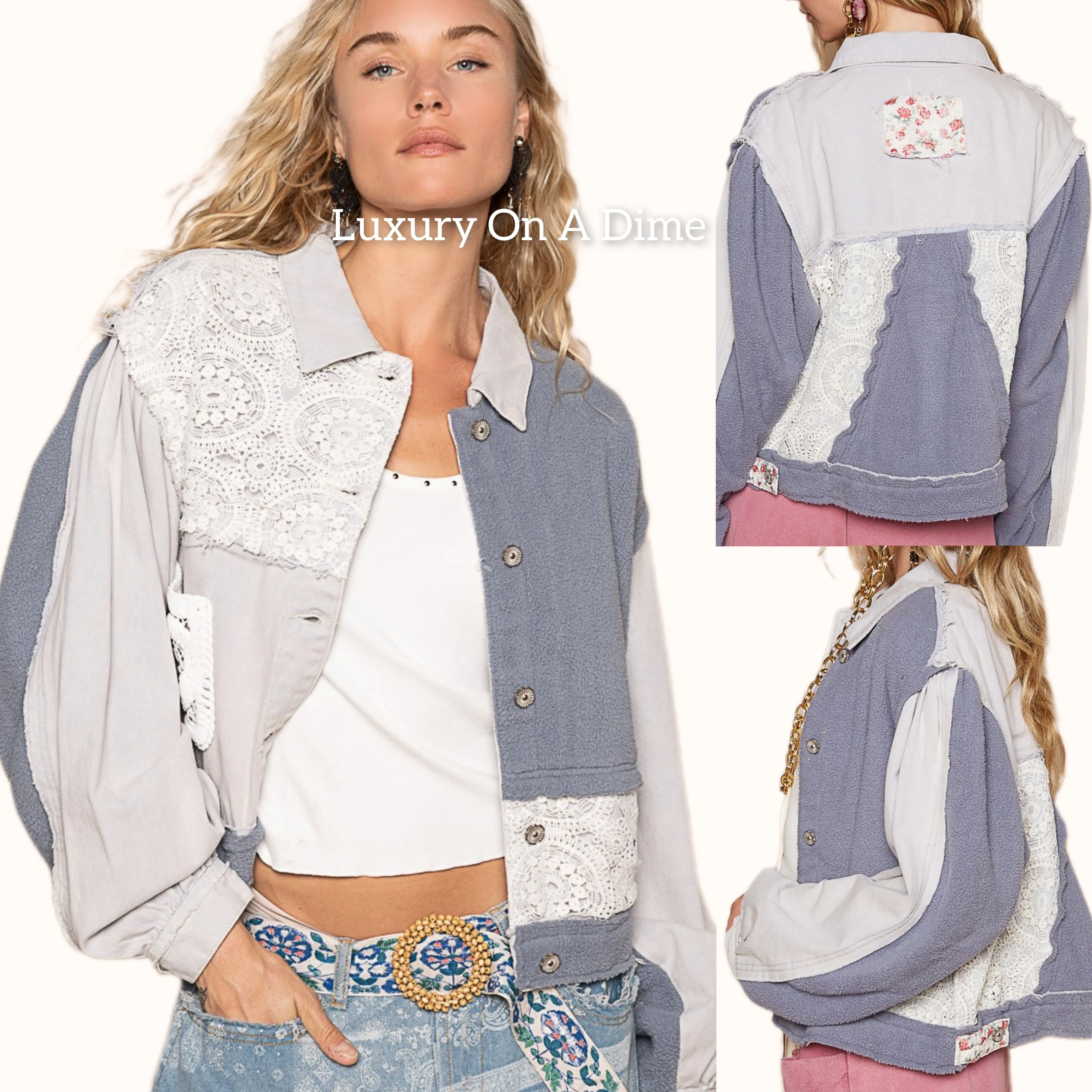 POL Lace Teddy Fleece Patchwork Floral Retro Boho Raw Seam Button-Up Collar Jacket