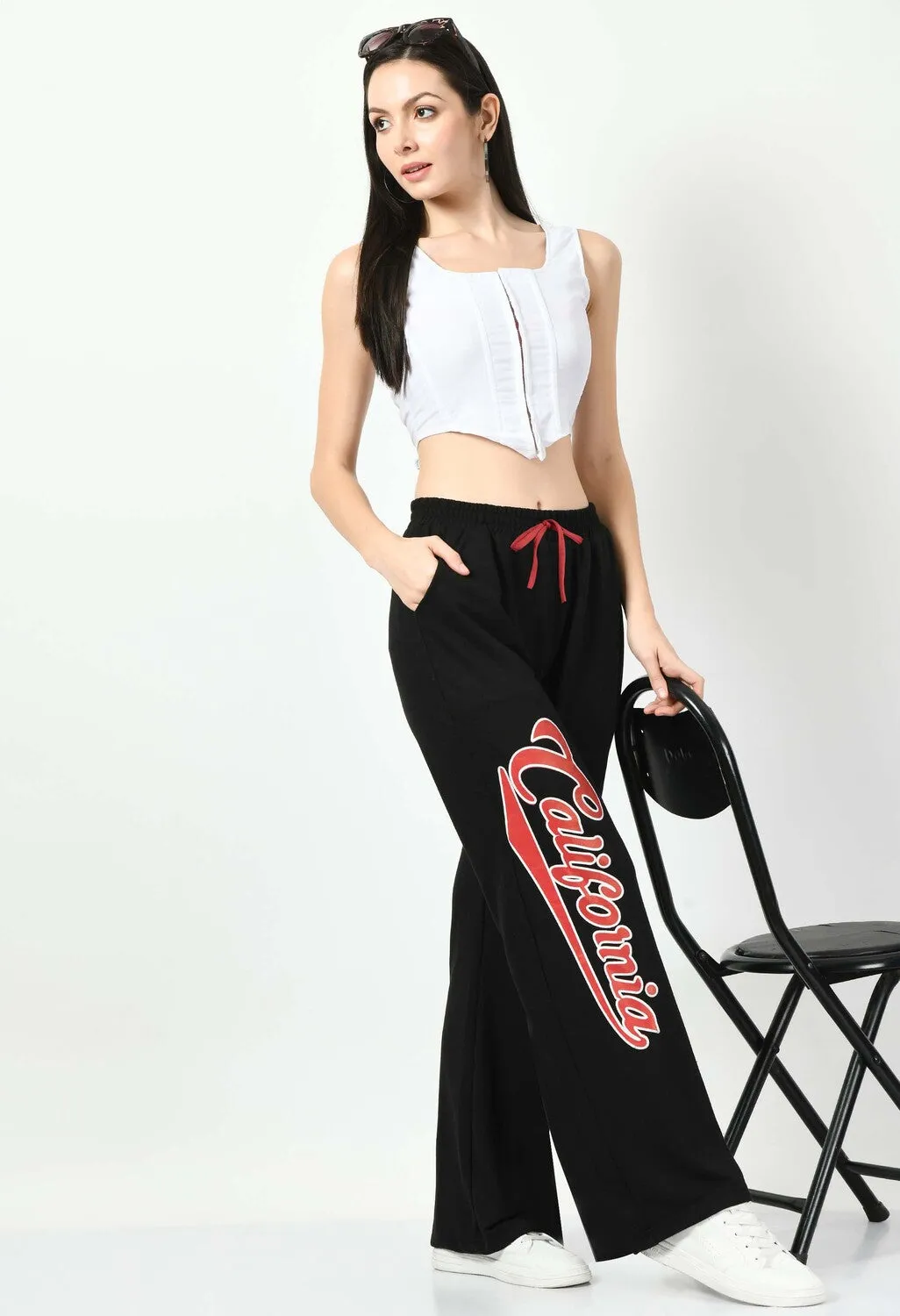 Printed Black Wide Leg Joggers