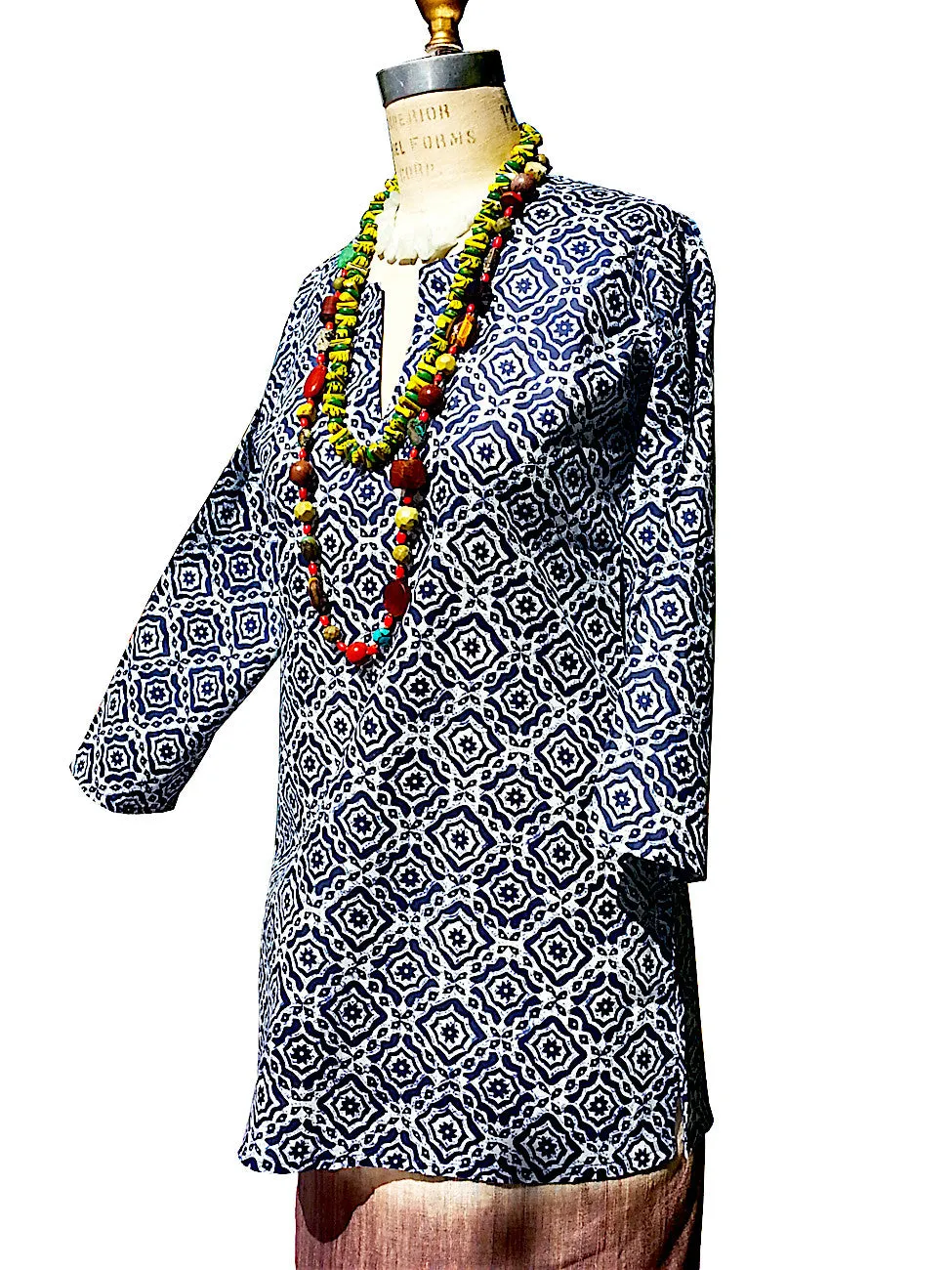 Raja Cotton Tunic Navy Batik Block