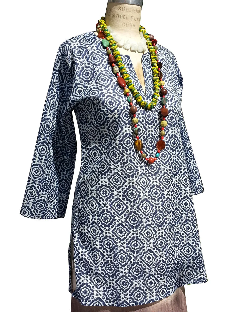 Raja Cotton Tunic Navy Batik Block