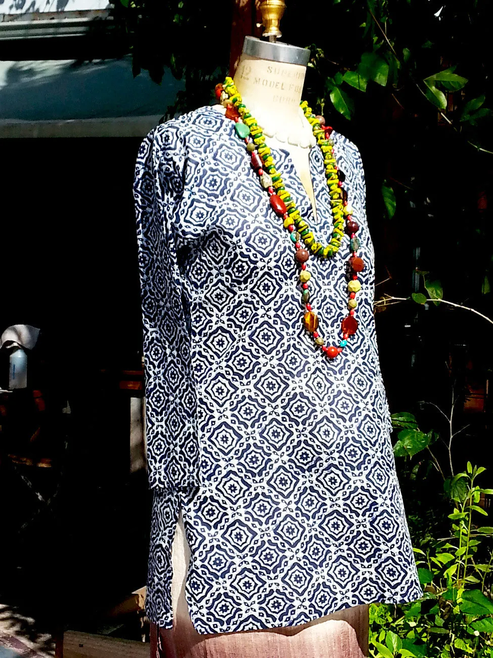 Raja Cotton Tunic Navy Batik Block