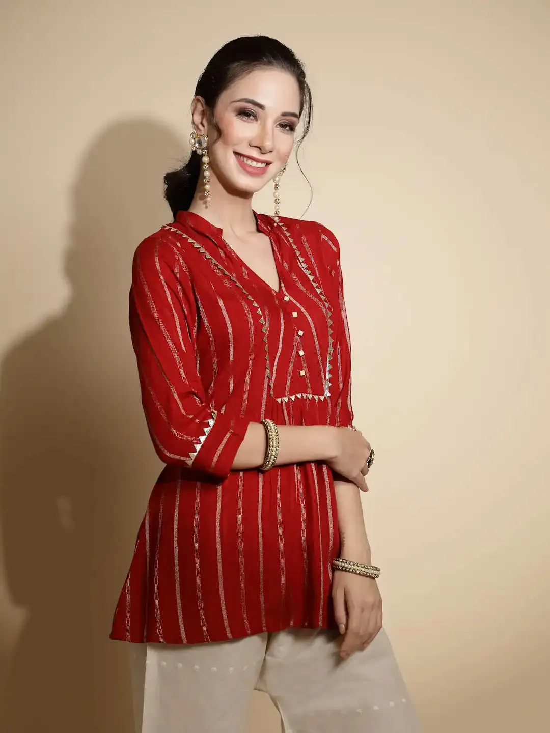 Red Printed Three Quarter Sleeves Mandarin Collar Tunic