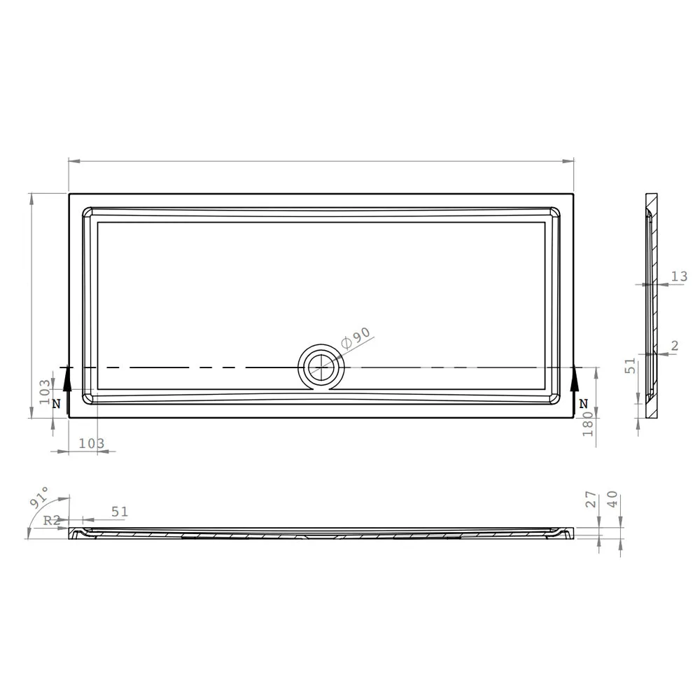 Roman Stone Solid Surface Anti Slip Shower Tray - 1100 x 800 x 40mm