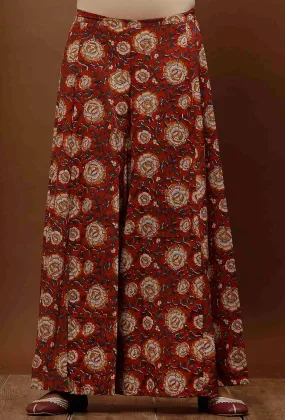 Rust Red Kalamkari Cotton Flared Pants